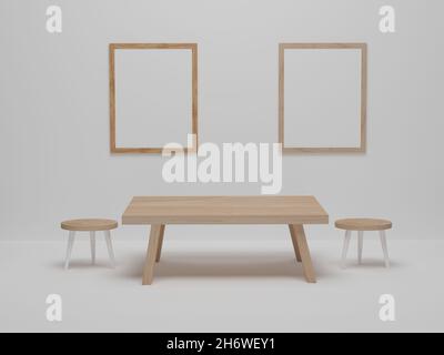 Fotorahmen im Esszimmer mit Holzstühlen und Tisch. Abstraktes, minimalistisches Design im Speisesaal. 3D-Rendering, 3D-Illustration Stockfoto