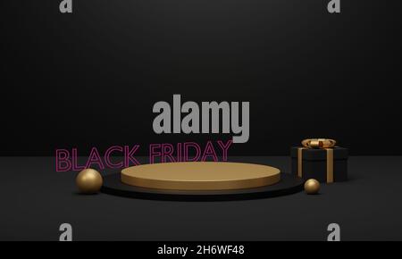 Angebot „Black friday“. Schwarzes Podium und Geschenkbox mit goldenen Schleifen. Minimaler Produkthintergrund für Weihnachten, Neujahr und Verkaufsevent-Konzept. Stockfoto