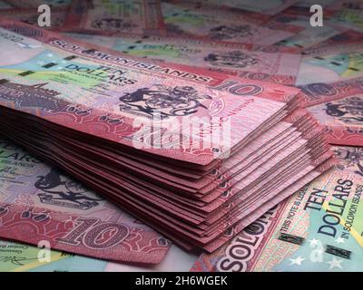 Geld der Salomonen. Dollarscheine. SBD-Banknoten. 10 Tok. Handel, Finanzen, Nachrichten Hintergrund. 3d-Illustration. Stockfoto