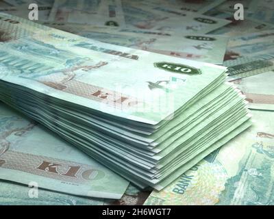 Geld von Sambia. Kwacha-Rechnungen. ZMW-Banknoten. 10 Bemba. Handel, Finanzen, Nachrichten Hintergrund. 3d-Illustration. Stockfoto