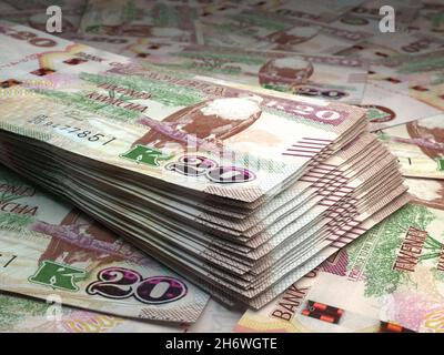 Geld von Sambia. Kwacha-Rechnungen. ZMW-Banknoten. 20 Bemba. Handel, Finanzen, Nachrichten Hintergrund. 3d-Illustration. Stockfoto