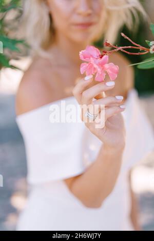 Die Hand der Braut berührt die rosa Blume auf dem Ast. Nahaufnahme Stockfoto
