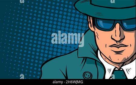 Detective ermittelt. Gekleidet in einen Retro-Regenmantel und Hut. Schwarze Brille tragen. Vektor Cartoon Illustration Pop Art. Handgezeichnete Umrisse Stock Vektor