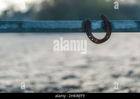 Ein rostiger Hufeisen hängt an einem metallenen Weidetor am sonnigen Wintermorgen. Symbol für Glück, Glücksbringer im Pferdesport und Pferdezucht. Stockfoto