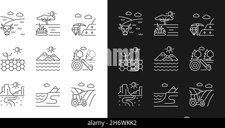Lineare Symbole für industrielle Landnutzung sind für den Dunkel- und Lichtmodus eingestellt Stock Vektor