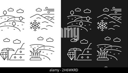 Lineare Symbole für Landvielfalt sind für den Dunkel- und Lichtmodus eingestellt Stock Vektor