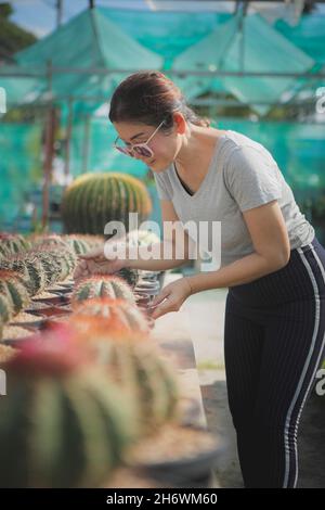 asiatische Frau kümmert sich um die Pflanzung Topf in Kaktusgarten Stockfoto