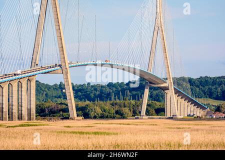 Nahaufnahme der Brücke der Normandie, einer Straßenbrücke mit Kabelgestellen über die seine, die Le Havre mit Honfleur in Frankreich verbindet. Stockfoto