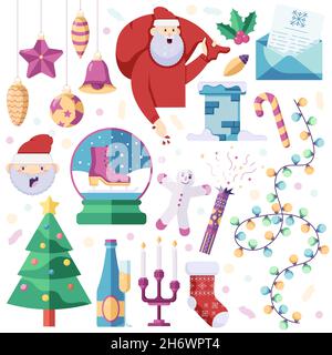 Weihnachtsset mit Glitzerwein, Kerzenleuchter, Mistel, Socken für Geschenke, Brief für Weihnachtsmann und Weihnachtsbaum im flachen Stil. Stock Vektor