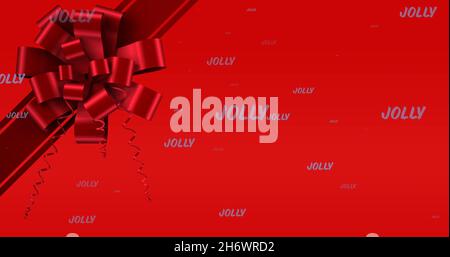 Bild von fröhlichem Text in Wiederholung zu weihnachten und rotem Band auf rotem Hintergrund. weihnachten, Winter, Tradition und Feierkonzept digital genera Stockfoto