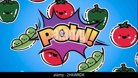 Bild der Illustration mit Pow-Text über Gemüse mit lächelnden Gesichtern auf blauem Hintergrund. Ernährungs- und gesundes Lebensmittelkonzept digital generiertes imag Stockfoto