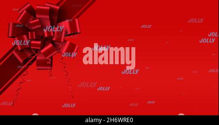 Bild von fröhlichem Text in Wiederholung zu weihnachten und rotem Band auf rotem Hintergrund. weihnachten, Winter, Tradition und Feierkonzept digital genera Stockfoto