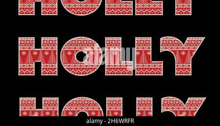 Bild von Stechpalme in Wiederholung zu weihnachten auf schwarzem Hintergrund. weihnachten, Winter, Tradition und Feierkonzept digital generiertes Bild. Stockfoto