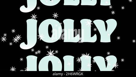 Bild von fröhlichem Text in Wiederholung zu weihnachten und Schnee fällt auf schwarzem Hintergrund. weihnachten, Winter, Tradition und Feierkonzept digital ge Stockfoto