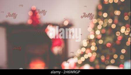 Bild von fröhlichem Text in Wiederholung über weihnachtsbaum. weihnachten, Winter, Tradition und Feierkonzept digital generiertes Bild. Stockfoto