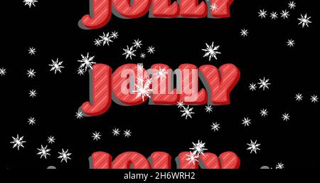 Bild von fröhlichem Text in Wiederholung zu weihnachten und Schnee fällt auf schwarzem Hintergrund. weihnachten, Winter, Tradition und Feierkonzept digital ge Stockfoto
