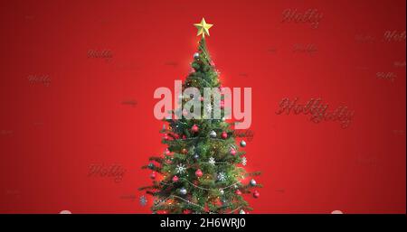 Bild von Stechstacheltext in Wiederholung über weihnachtsbaum. weihnachten, Winter, Tradition und Feierkonzept digital generiertes Bild. Stockfoto