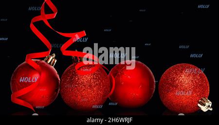 Bild von Stecheltext in Wiederholung über weihnachtskugeln. weihnachten, Winter, Tradition und Feierkonzept digital generiertes Bild. Stockfoto