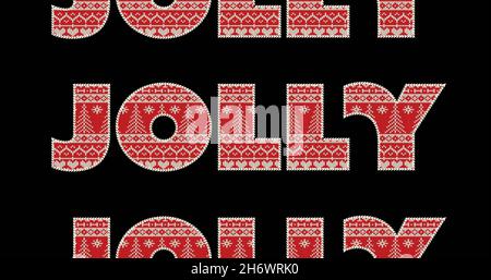 Bild von fröhlichem Text in Wiederholung zu weihnachten auf schwarzem Hintergrund. weihnachten, Winter, Tradition und Feierkonzept digital generiertes Bild. Stockfoto