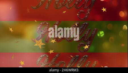 Bild von Stechpalme Text in rot und weiß Muster, auf rot und grün Streifen mit goldenen weihnachtssternen. weihnachten, Tradition und Feier Konzept digital Stockfoto