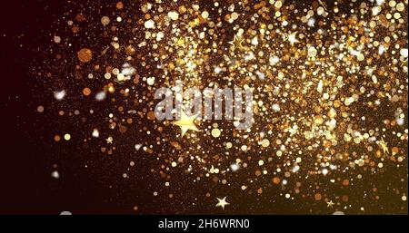 Bild von Sternen schweben über Lichtflecken auf schwarzem Hintergrund. Silvester Party Feiern Konzept digital generiert Bild. Stockfoto