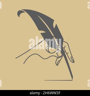 Die Hand zeichnet eine Linie mit einem Federstift. Schreiben, Literaturkonzept. Flache Illustration. Isoliert. Stock Vektor