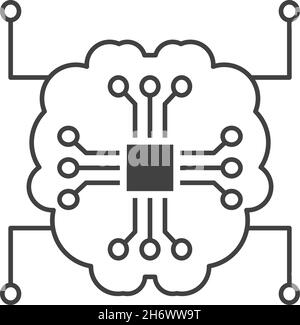 Menschliches Gehirn, das mit einem Computer-CPU-Chip-Schaltkreis verbunden ist. KI oder Künstliche Intelligenz Konzept. Symbol für dünne Linien umreißen. Isoliert. Stock Vektor