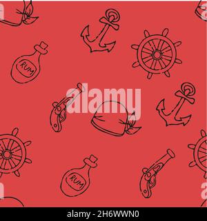 Vektor Doodle Piraten nahtlose Muster. Eine Karte mit einer handgezeichneten Skizze eines Meerjungfrau-Schiffes und von Piratenartikeln. Vorlage für Kinderpostkarten. Karte von Stock Vektor