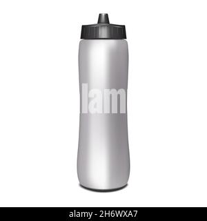 Isolierte silbergraue Wasserflasche mit schwarzer Kappe. Realistisches Vektormockup. Leerer Sport-Fitnessflask-Mock-up Stock Vektor
