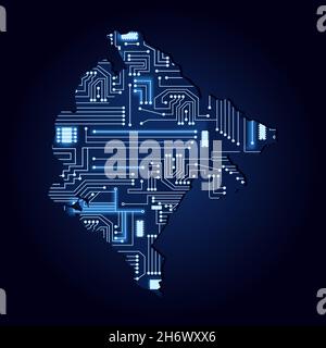 Konturkarte von Montenegro mit technologischer Elektronik. Stock Vektor