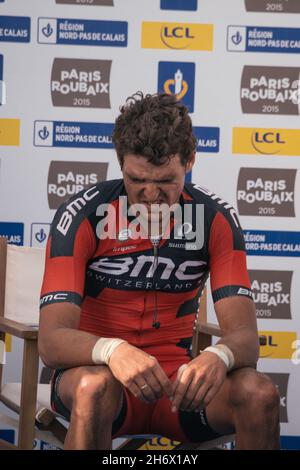 12/04/2015 Paris-Roubaix. Greg Van Avermaet (BMC Racing) nach seinem dritten Platz. Stockfoto