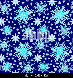 Fallende Schneeflocken auf blauem Hintergrund. Nahtloses Schneeflocken-Muster. Design Textur Winter Saison für Drucke. Handgezeichnete Schneeflocken. Schneeflocken wiederholen. Schneeflocke im Doodle-Stil. Vektorgrafik Stock Vektor