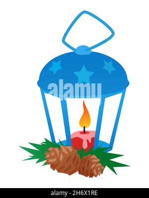 Weihnachtslaterne - modernes flaches Design Stil einzelnes isoliertes Objekt. Ordentlich detaillierte Bild der brennenden Kerze in einem speziellen Kerzenständer mit dekoriert Stock Vektor