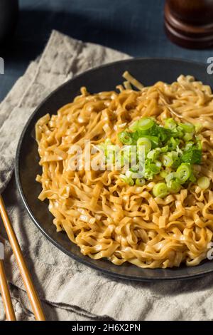 Hausgemachte würzige Soja-Scallion-Nudeln bereit zum Essen Stockfoto