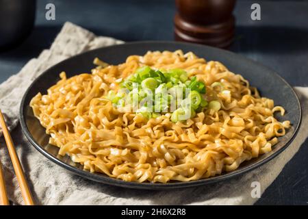 Hausgemachte würzige Soja-Scallion-Nudeln bereit zum Essen Stockfoto