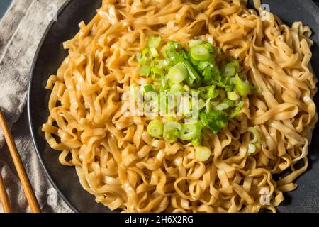 Hausgemachte würzige Soja-Scallion-Nudeln bereit zum Essen Stockfoto