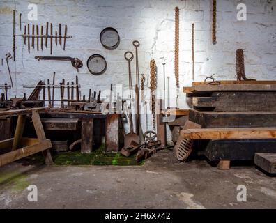 Die älteste erhaltene Eisenbahnwerkstatt der Welt wurde 1830 an der High Peak Junction auf der Cromford und High Peak Railway im Derbyshire Peak District in Großbritannien errichtet Stockfoto