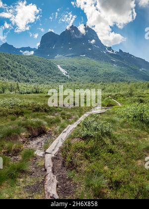 Wanderweg im Tal Innerdalen, Blick auf den Skarfjellet, Norwegen Stockfoto