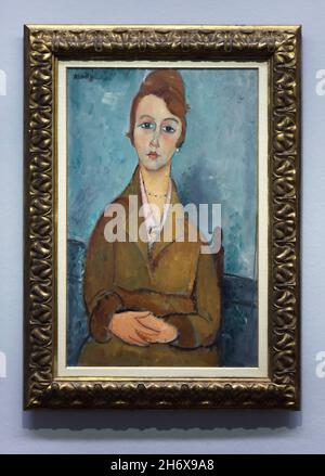 Gemälde „Young Lolotte“ des italienischen modernistischen Malers Amedeo Modigliani (1918), ausgestellt in seiner Retrospektive in der Albertina in Wien. Die Ausstellung zum 100. Todestag des Künstlers läuft bis zum 9. Januar 2022. Stockfoto