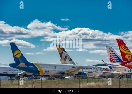 Caude, Teruel, Spanien. 13th. Juli 2021 - Teruel Aerodrome größtes Zentrum für Wartung, Lagerung und Recycling von Flugzeugen in Europa. Ukrainische Fluggesellschaften Stockfoto