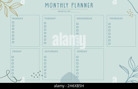 Monatsplaner mit abstraktem Musterdesign, Vektor. Modernes Design mit Schreibwaren-Organizer für Tagespläne, Blumenvektor-Wochenplaner-Vorlage, Stock Vektor
