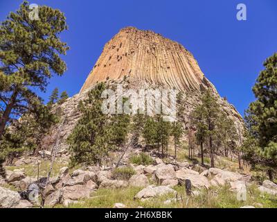 Nahaufnahme des geheimnisvollen Devils Tower in Wyoming, USA Stockfoto
