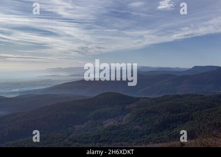 Panoramablick auf die Vogesen in Frankreich. Nebel füllt die Täler. Die Hügel sind mit Bäumen bedeckt. Stockfoto