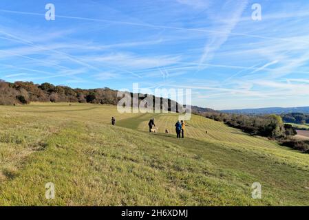 Die Albury Downs bei Newlands Corner mit Figuren, die an einem sonnigen Herbsttag in den Surrey Hills England in der Landschaft wandern Stockfoto