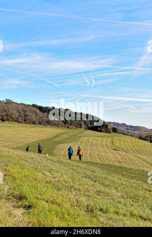 Die Albury Downs bei Newlands Corner mit Figuren, die an einem sonnigen Herbsttag in den Surrey Hills England in der Landschaft wandern Stockfoto