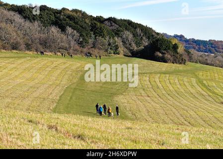Die Albury Downs bei Newlands Corner mit Figuren, die an einem sonnigen Herbsttag in den Surrey Hills England in der Landschaft wandern Stockfoto
