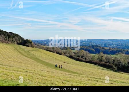 Die Albury Downs bei Newlands Corner mit Figuren, die an einem sonnigen Herbsttag in den Surrey Hills England in der Landschaft wandern Stockfoto