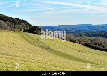 Die Albury Downs bei Newlands Corner mit Figuren, die an einem sonnigen Herbsttag in den Surrey Hills England in der Landschaft wandern Stockfoto