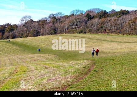 Die Albury Downs bei Newlands Corner mit Figuren, die an einem sonnigen Herbsttag in den Surrey Hills England in der Landschaft wandern Stockfoto