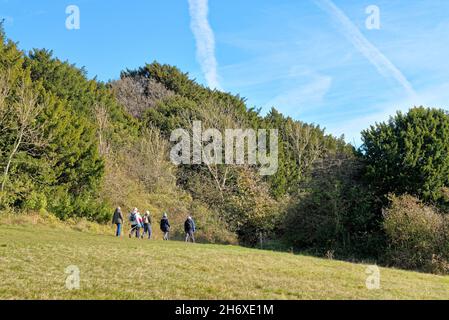 Eine ältere Gruppe von Wanderern auf dem North Downs Way Pfad in Newlands Corner in den Surrey Hills an einem sonnigen Herbsttag in der Nähe von Guildford England Stockfoto